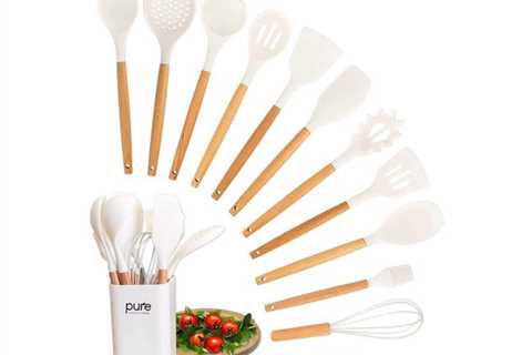 Kitchen Silicone Cooking Utensil 13-Piece Set with Stand, Wooden Handles. Four Colours Accessible..