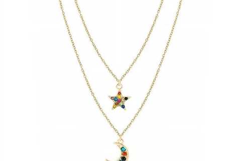 Moon and Star Necklace with Rainbow Cubic Zirconia Stones for $76